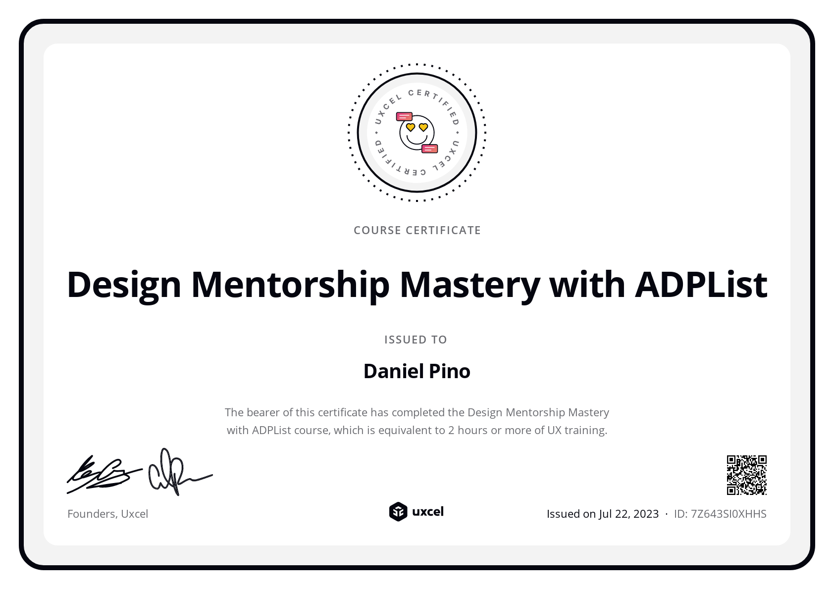 Daniel Pino's certificate